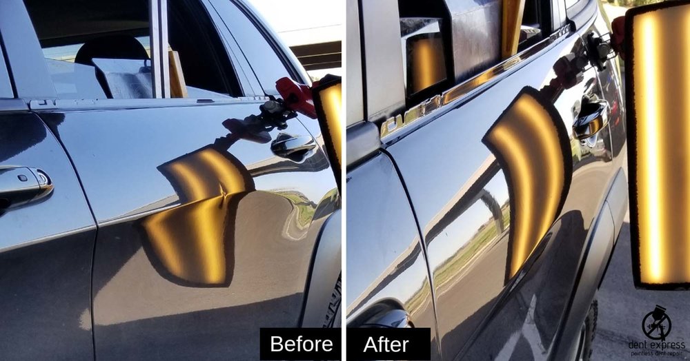 Before and after of door ding removal using paintless dent repair